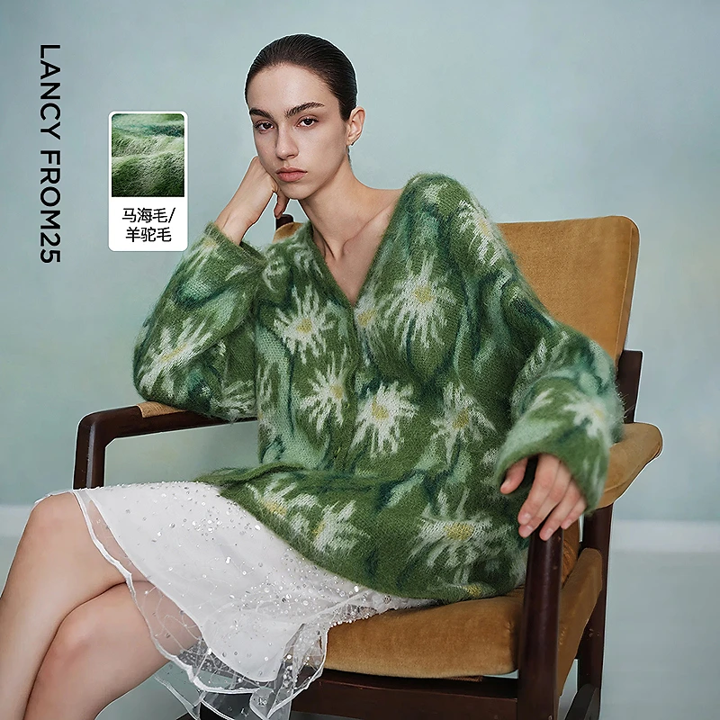 【艺术家联名】朗姿V领雏菊针织开衫法式慵懒毛衣2025年冬季新款