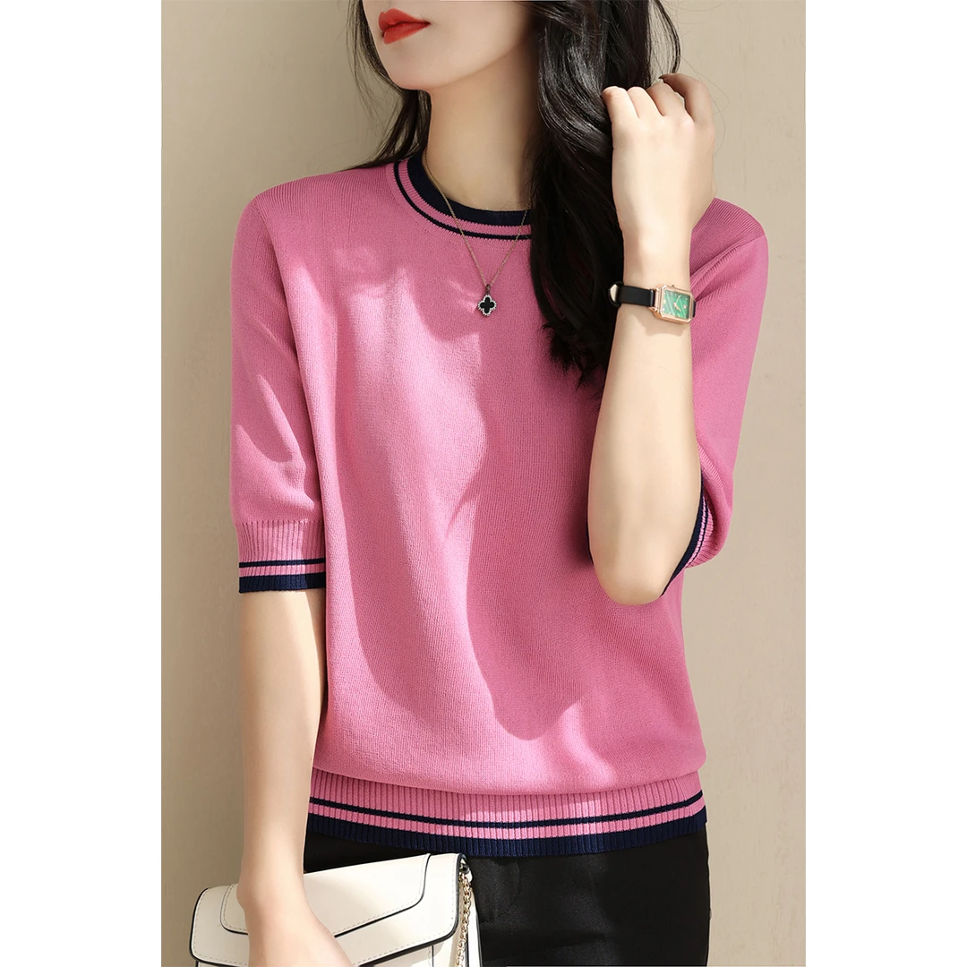 2025年夏季新款短袖五分袖t恤拼色打底针织衫女时尚衬衣洋气小衫