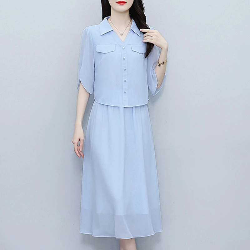 蓝色假两件连衣裙法式设计感超火减龄女裙子夏季2025新款爆十三行