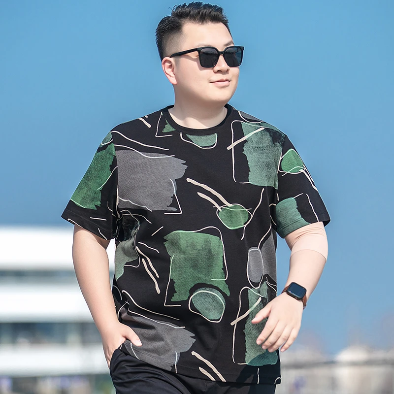 大码男时尚潮流大花半袖体恤夏季新款男士加肥加大圆领短袖棉t恤