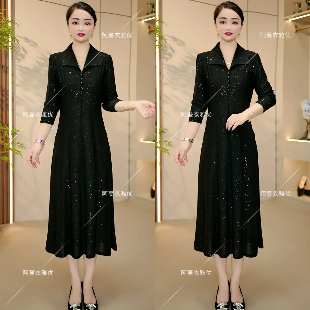【衣雅严选】8089-2238#新款翻领长袖弹力缎满天星气质显瘦连衣裙