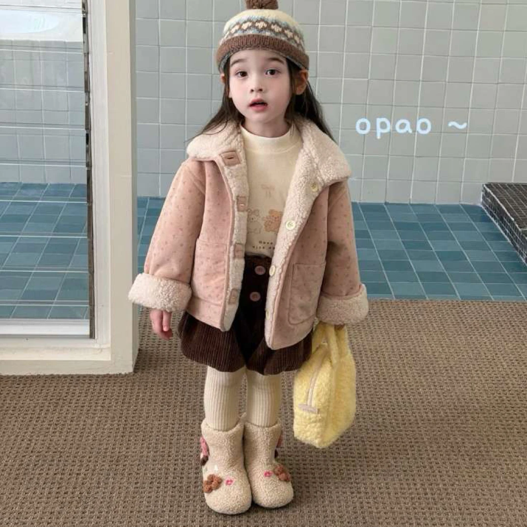 Opao 翻领冬季圆领厚款女外套秋冬洋气小香风短款碎花两面穿