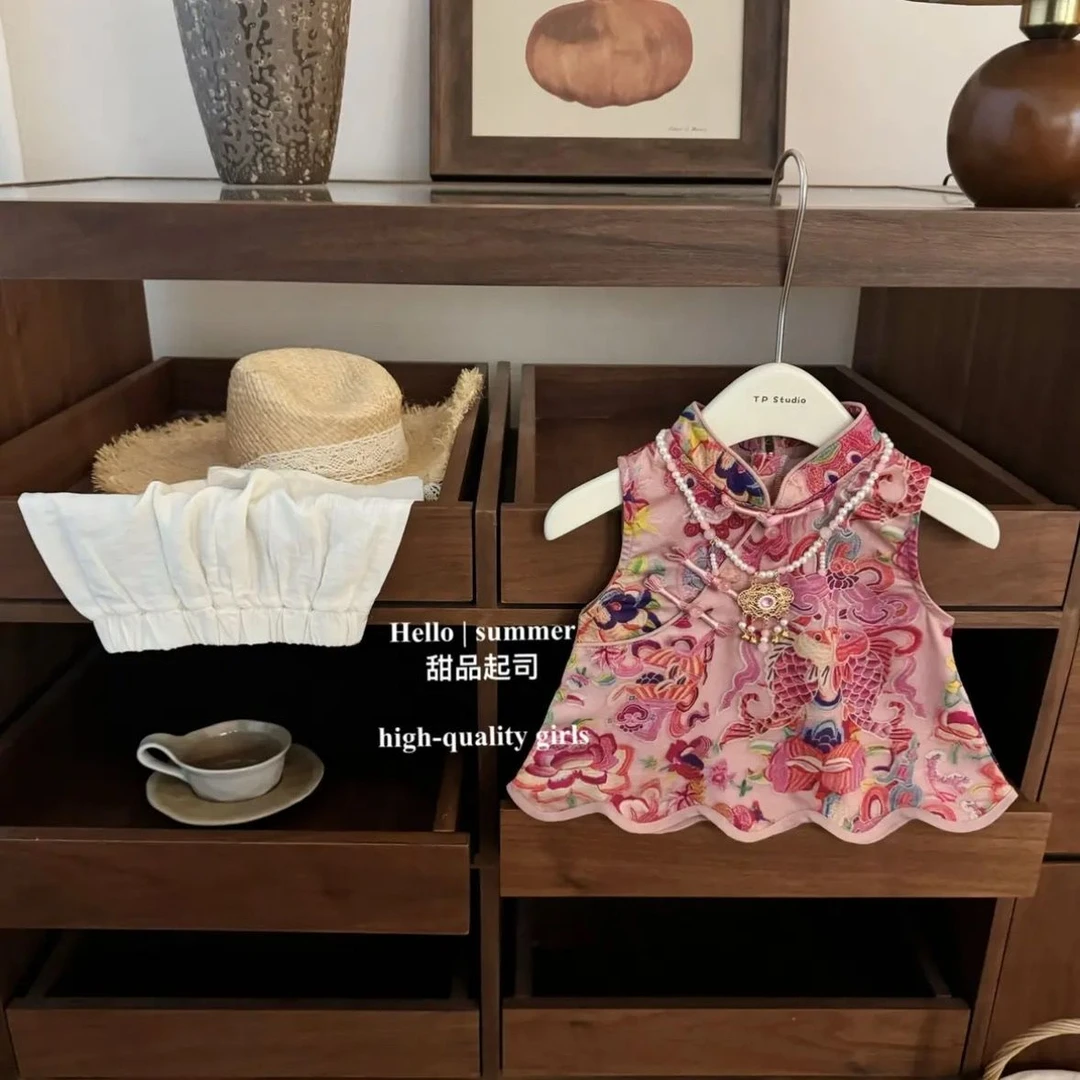唐装女童套装2025新款洋气女孩夏季盘扣小童女孩古风新中式两件套