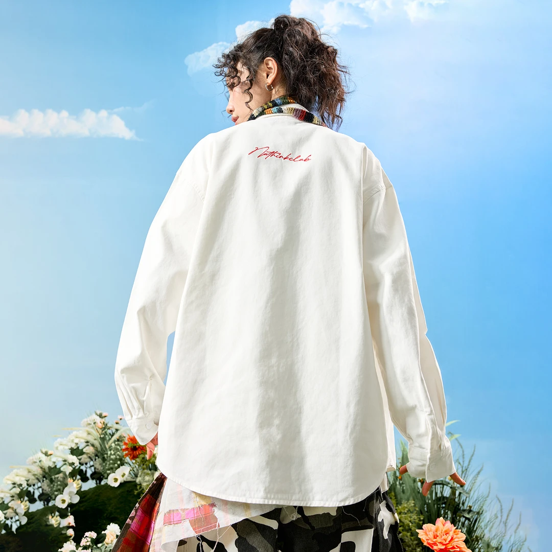 Nuthink美式潮牌字母刺绣衬衫长袖简约复古宽松男女2025秋季新款