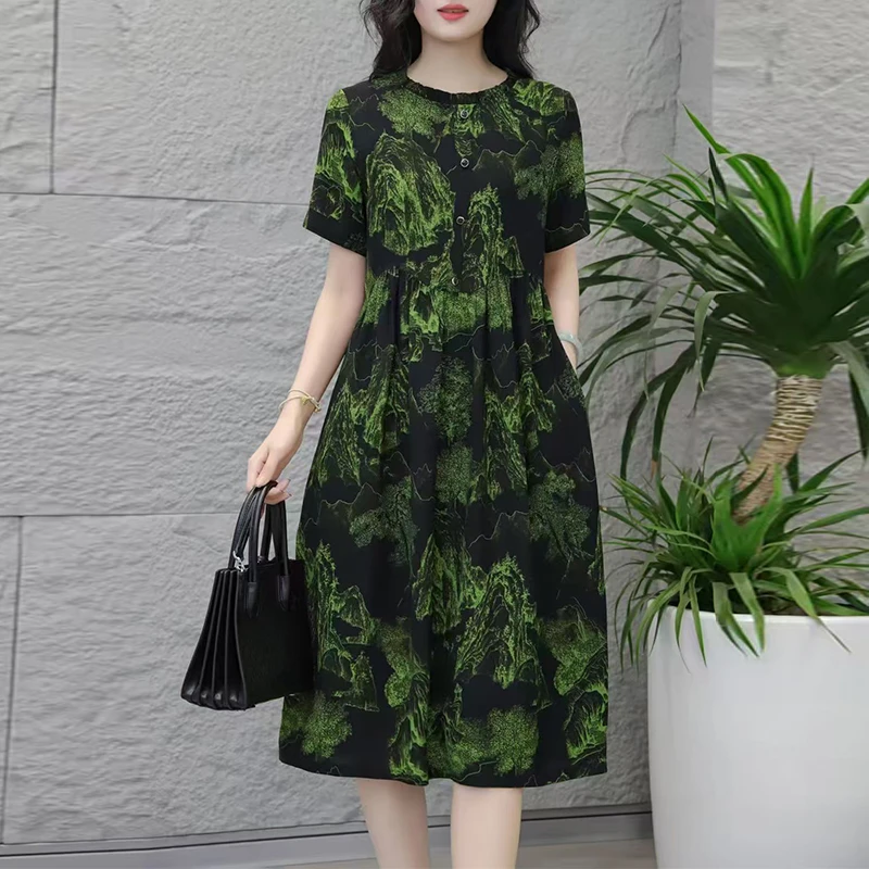 夏季新款时尚气质女装显瘦系带连衣裙洋气妈妈装6498