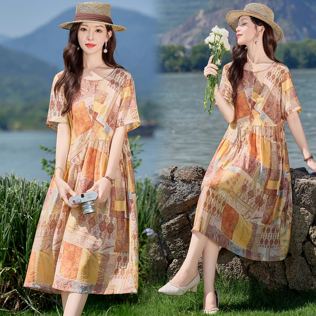 休闲时尚复古印花连衣裙女2025年夏季新款遮肉显瘦宽松中长款裙子