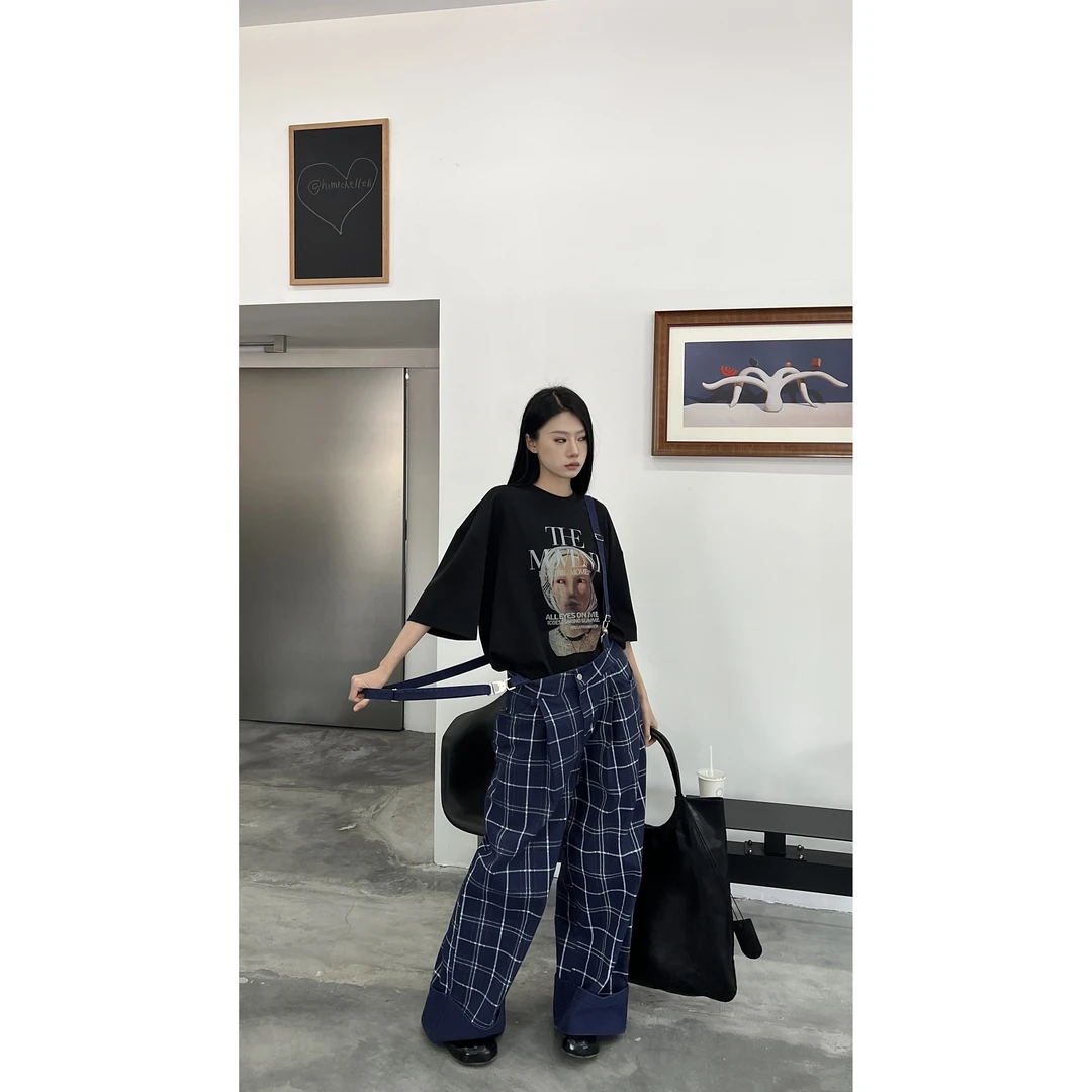 雨哥新款牛仔格背带长裤百搭宽松格子裤