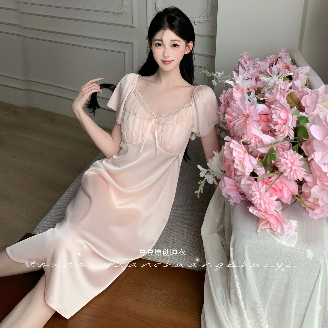 豆豆【粉雾】柔光软丝带胸垫两件套睡裙显瘦夏季显高显白家居服