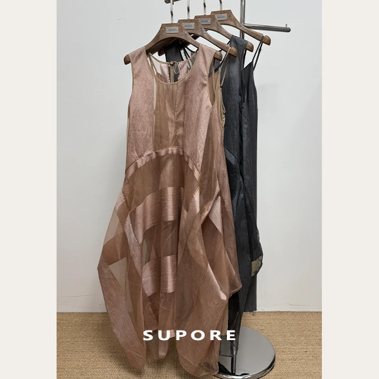 SUPORE/脏染欧根纱背心裙两件套连衣裙拼接复古做旧亚麻不规则