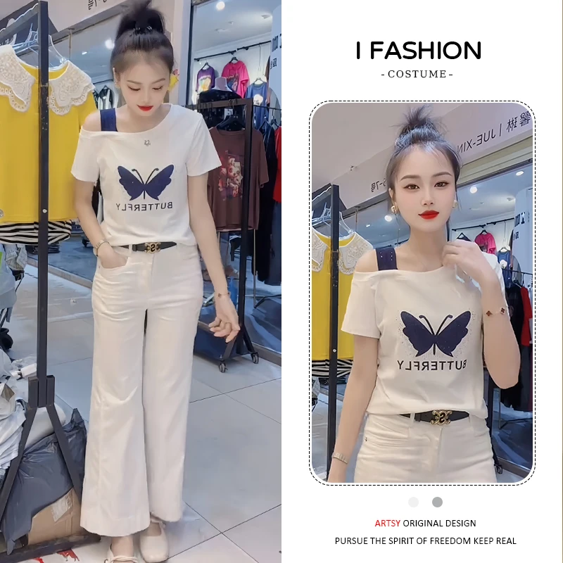 韩版百搭蝴蝶印花露肩短袖t恤女2026年夏季新款休闲减龄显瘦上衣