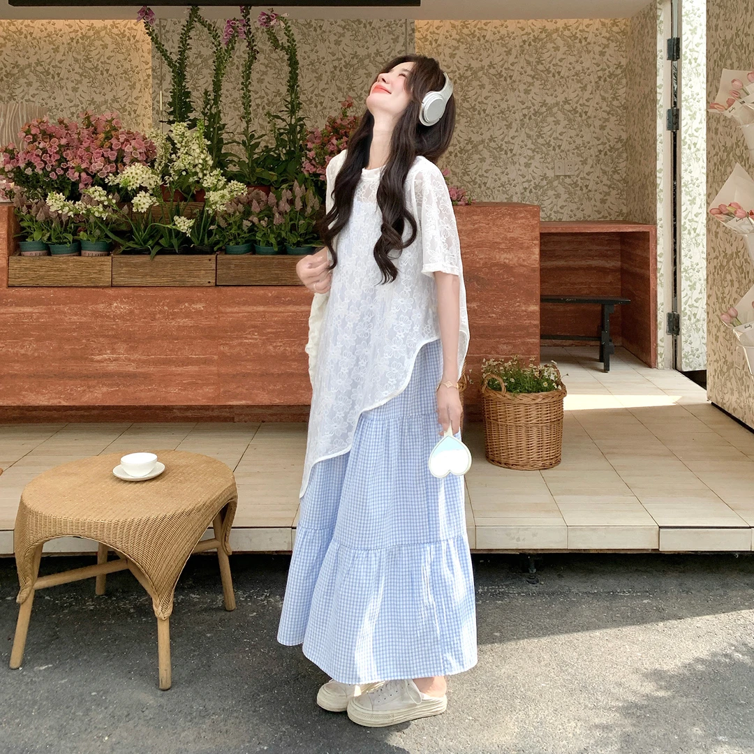 叠穿蕾丝无袖刺绣罩衫格子吊带裙套装两件套女夏法式文艺风连衣裙