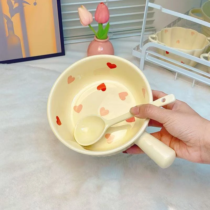 奶油桃心手把手柄碗带勺水果碗家用陶瓷餐具釉下彩焗饭碗甜品碗