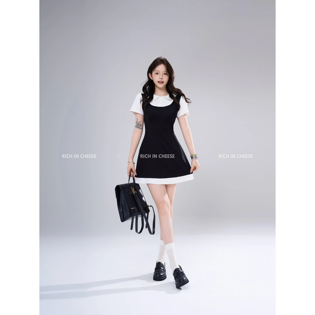 金川川 韩女校花【部分现货】 千金少女感miu系显瘦假两件连衣裙