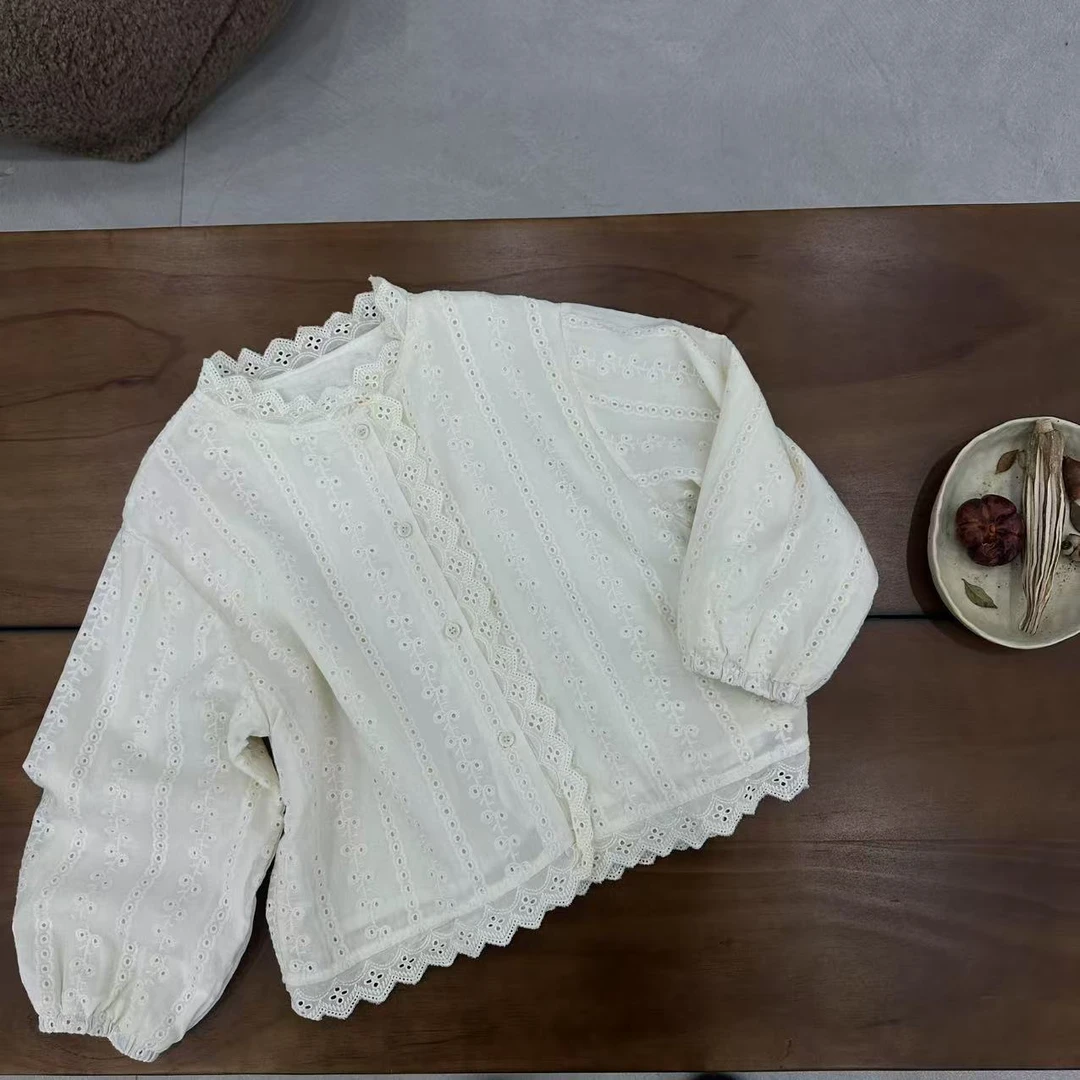 〖姐姐家〗2025春款儿童萌娃穿搭重工蕾丝花边娃娃衫长袖衬衫sy3450