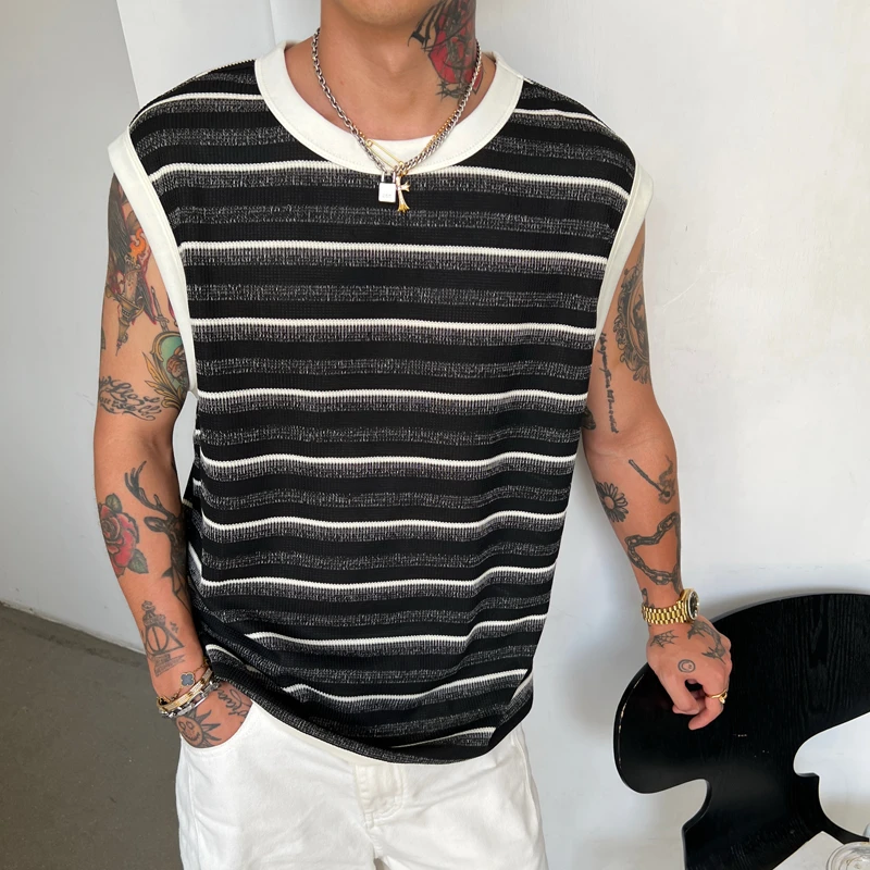 OXFREAK「撞色拼接罗纹」黑白条纹针织背心男夏季运动透气无袖t恤