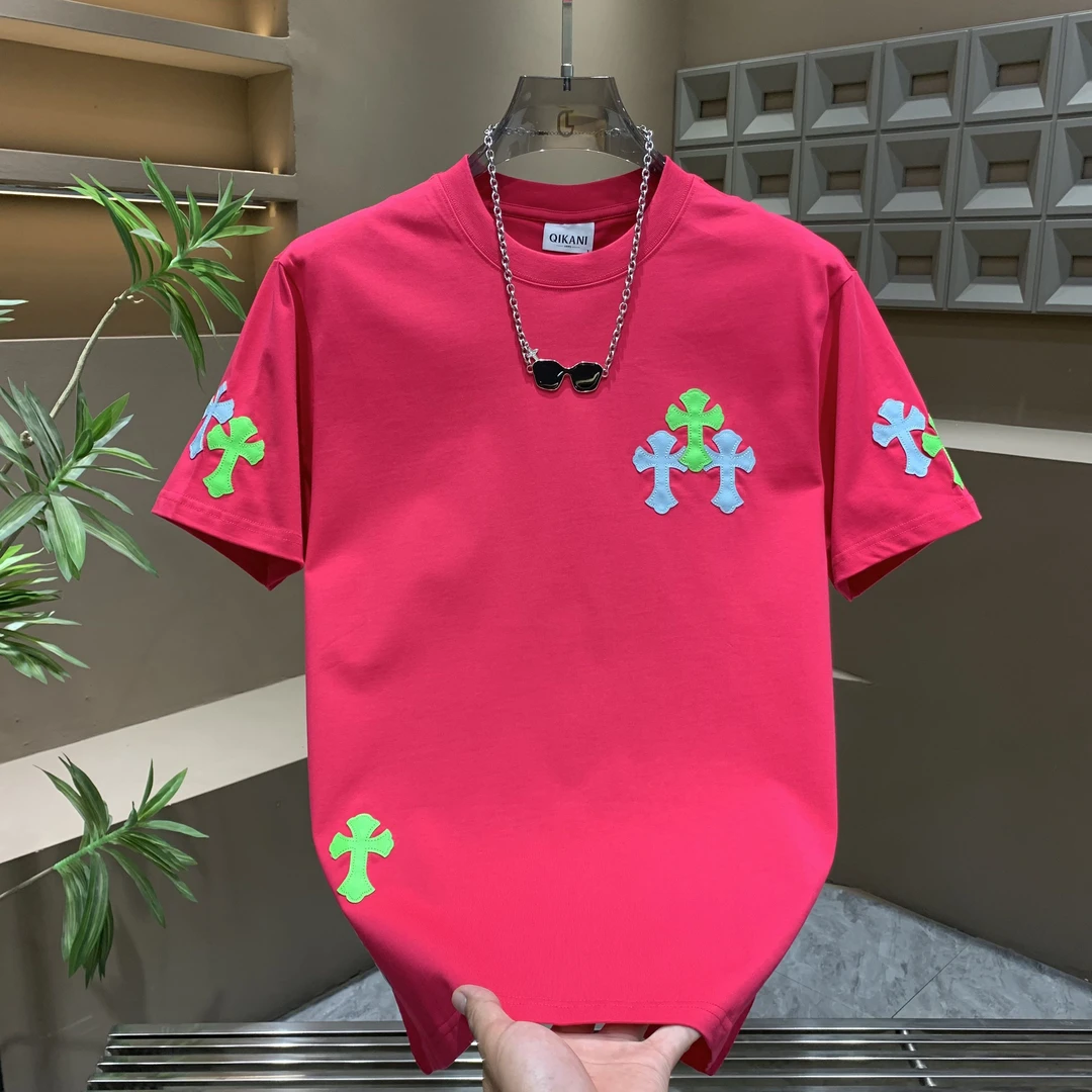 轻奢高级十字架贴补绣花T恤男2025夏季潮牌美式简约休闲帅气短袖