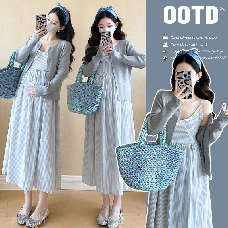 【枫丽】2025春秋新款孕妇韩版花边纯棉V领吊带裙针织开衫两件套