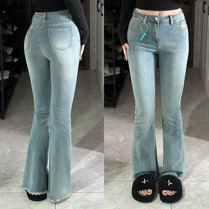 300斤大码胖mm美式复古秋季牛仔裤女宽松显瘦高腰直筒阔腿拖地裤