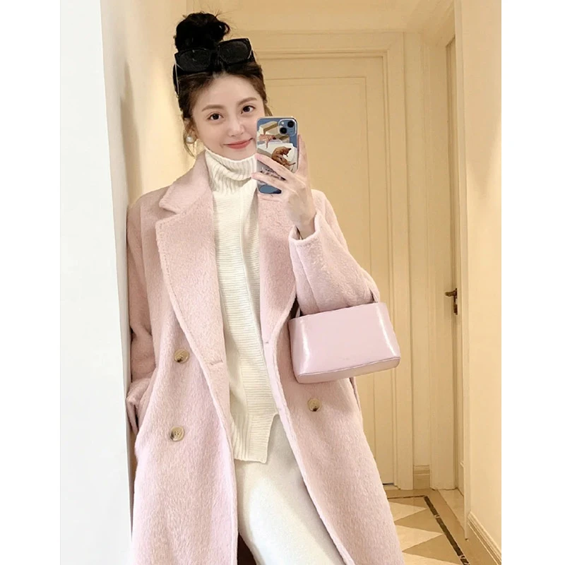 粉色双面羊绒大衣女中长款宽松显瘦双面绒气场强大高级感毛呢外套