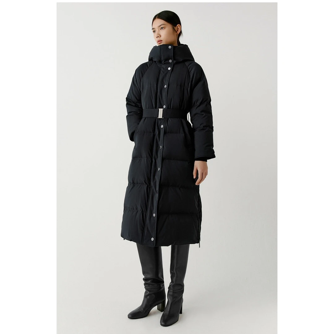 JUNJJ【过冬单品】鹅绒服收腰连帽羽绒服羊毛混纺平纹直身连帽外套