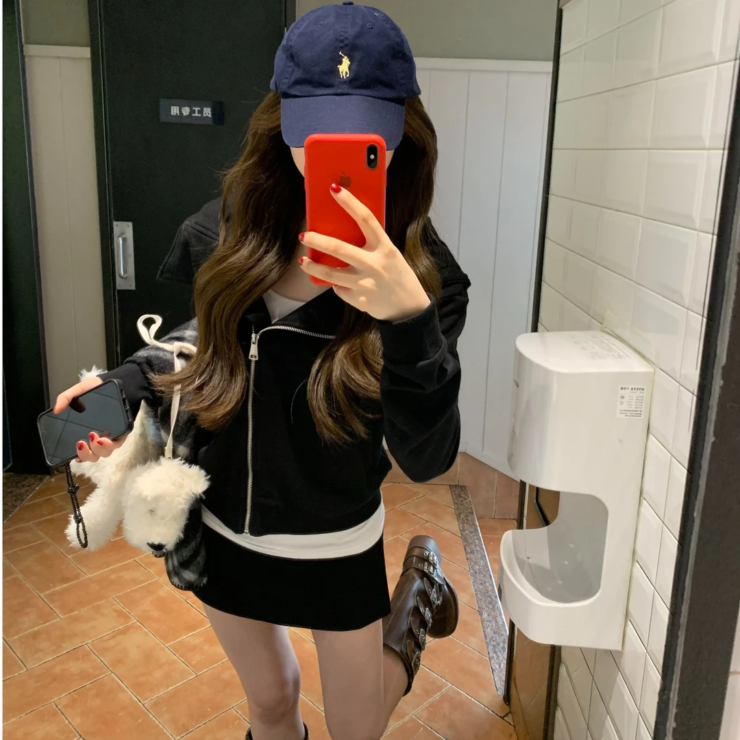 美式复古长袖卫衣外套女装秋季慵懒风宽松黑色百搭拉链上衣短裤子