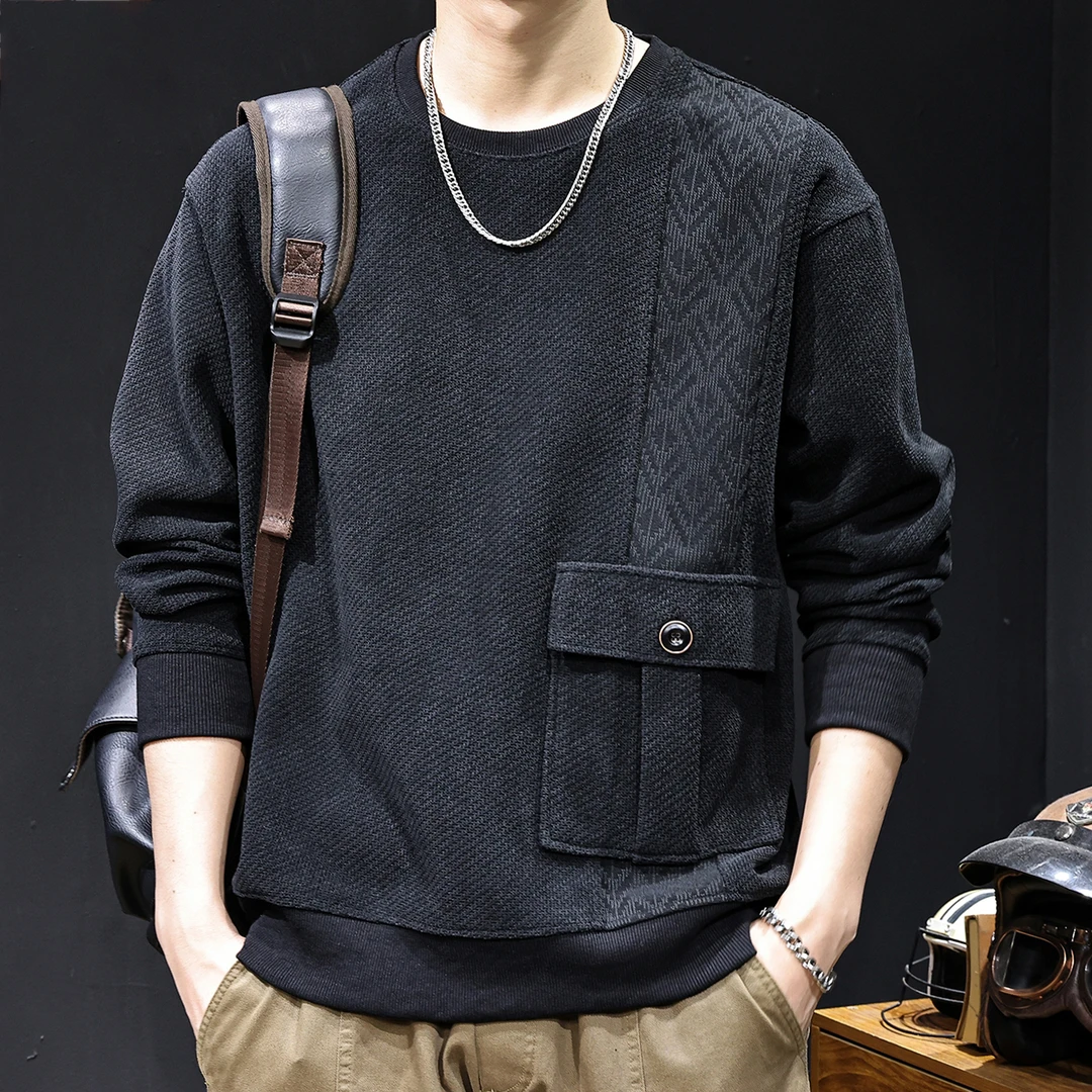 U&PURA提花拼布口袋卫衣男士2025秋季新款潮牌宽松大码休闲长袖