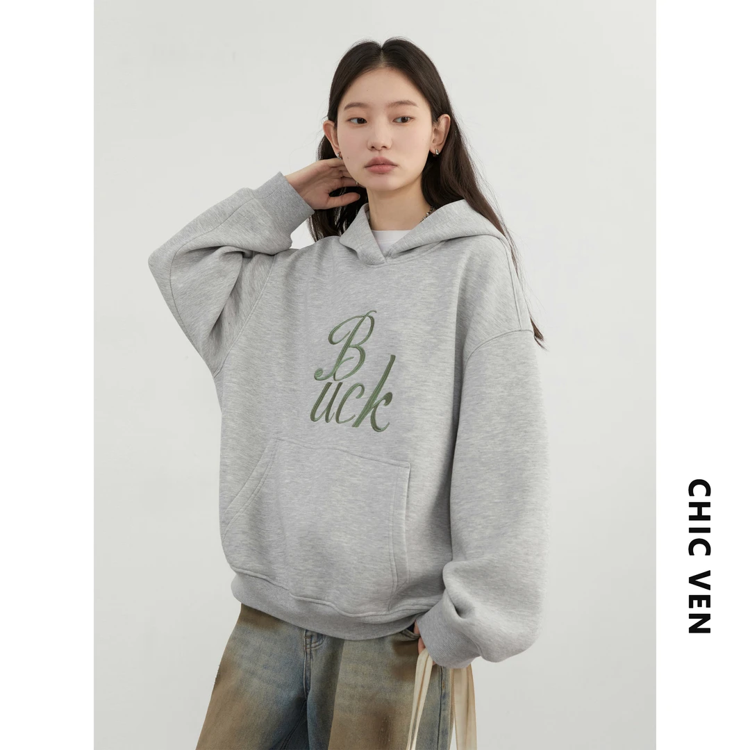 CHIC VEN秋季连帽撞色绣花摇粒绒卫衣oversize上衣女124DS20991