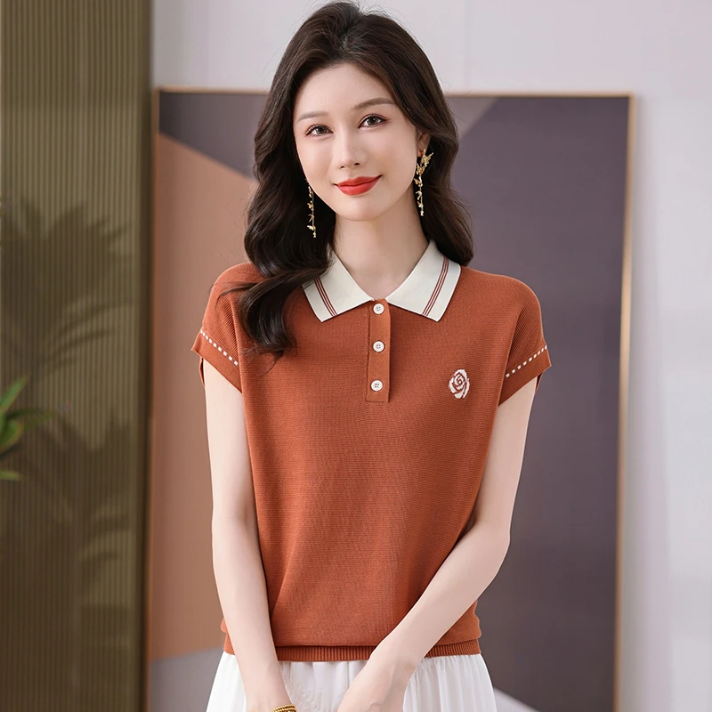 t恤针织吸汗绣花翻领女士T恤女士短袖薄款夏季新款经典百搭休闲风