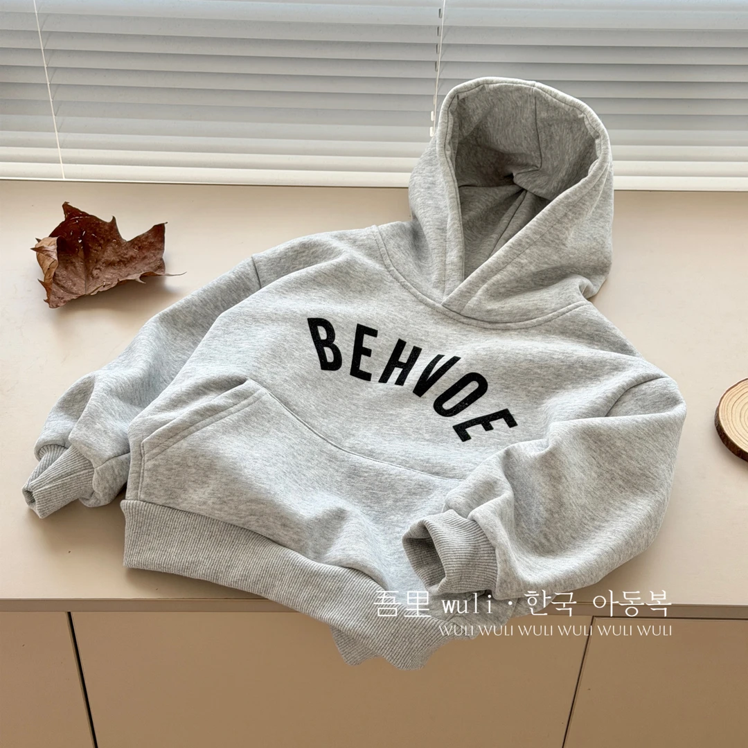 吾里Wuli韩国童装男童印花连帽加绒卫衣冬季超好看的儿童帽衫上衣