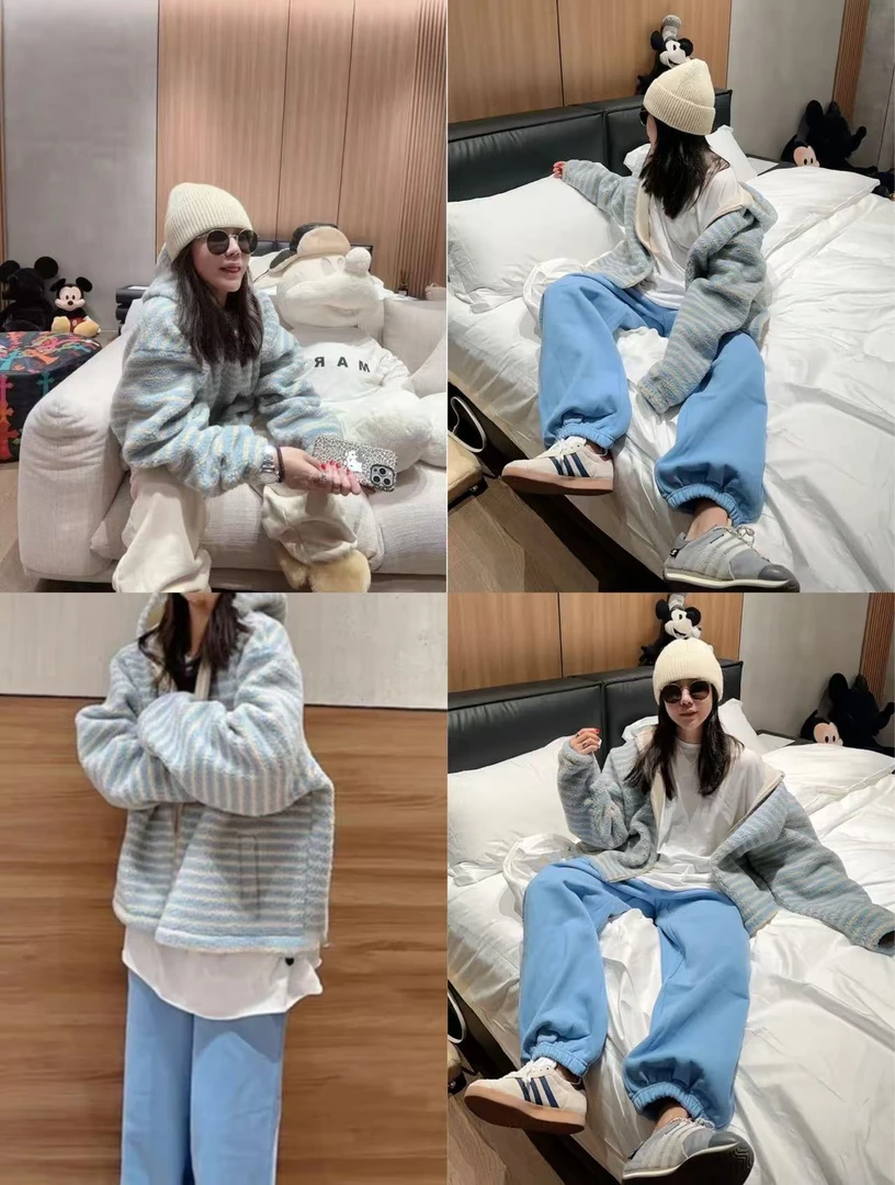 小雅姐姐  【海盐芝士】韩系摇粒绒条纹抽绳连帽拉链百搭外套IL43