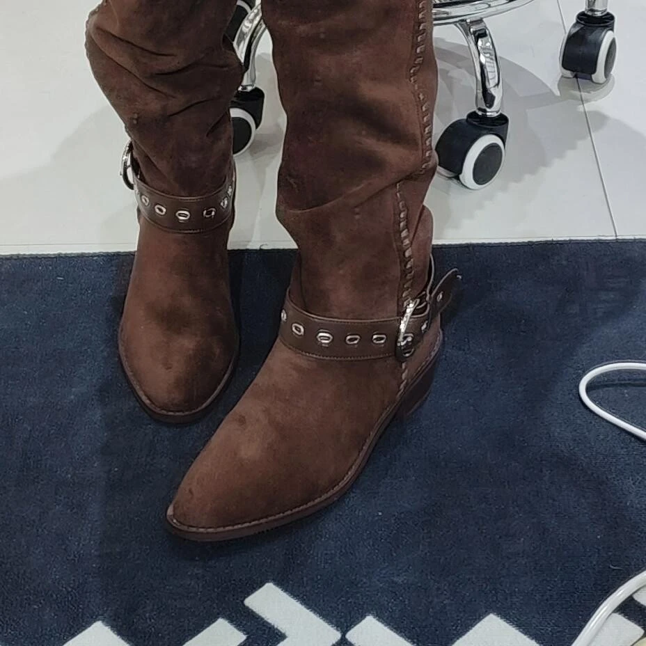 时装靴尖头中筒时尚马靴西部靴筒靴复古高筒方头19061