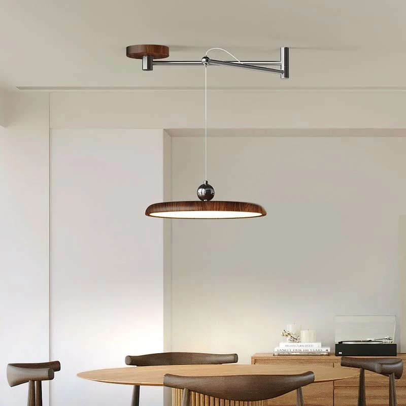 进口普瑞护眼复古现代中古摇臂餐厅吊灯飞碟胡桃木餐桌轻奢吧台灯