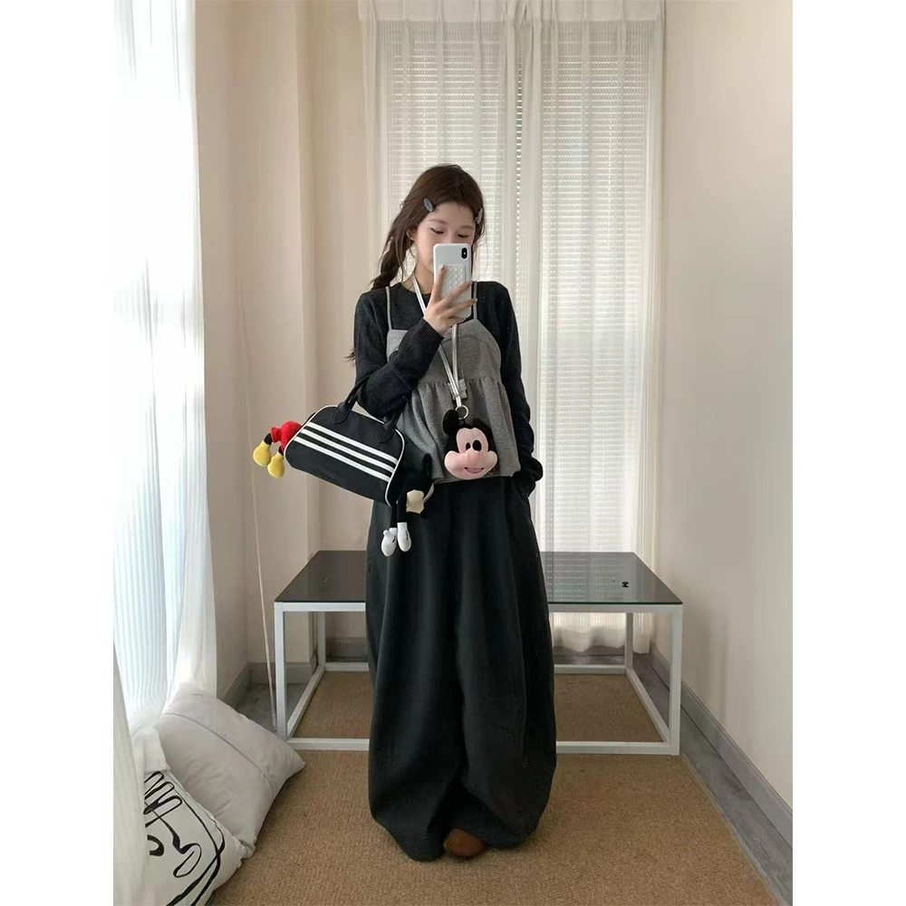 【京都苔庭】深灰色打底+灰色娃娃衫吊带+毛呢镰刀裤三件套