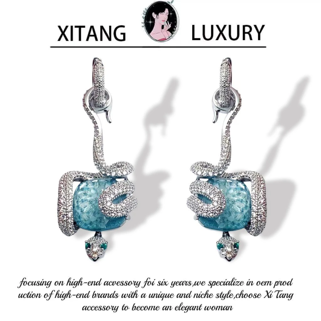 铜合金耳饰 《生肖蛇》个性蓝色设计师手工精致耳钉耳环耳坠8392