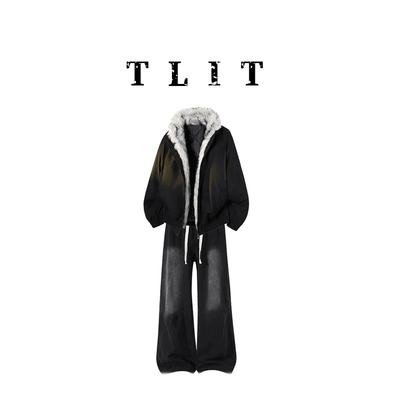 【品牌现货】TLIT美式风绒毛棉服冬季新款男士水洗做旧牛仔裤套装
