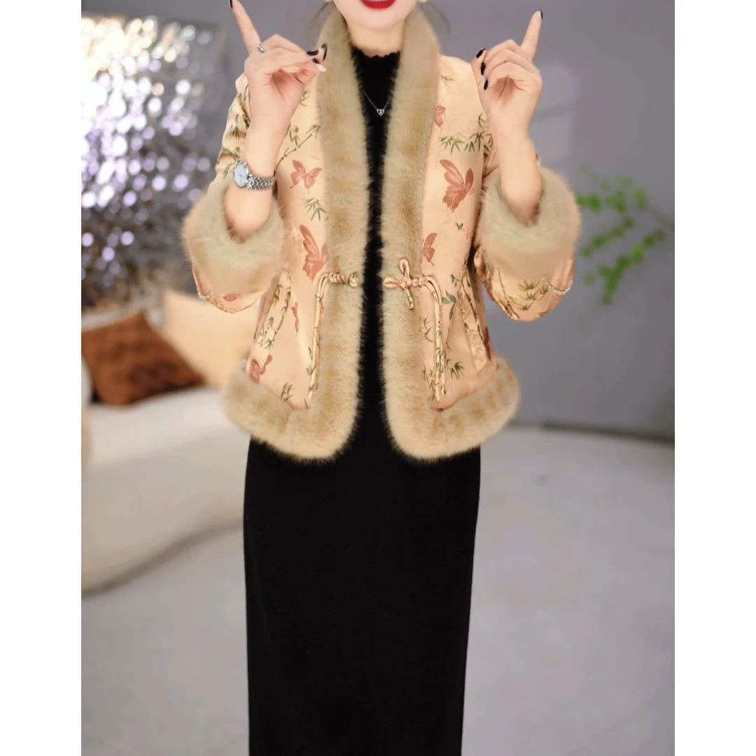 高级雪花绒拼接外套连衣裙两件套2025秋冬季新款显瘦中长款套装