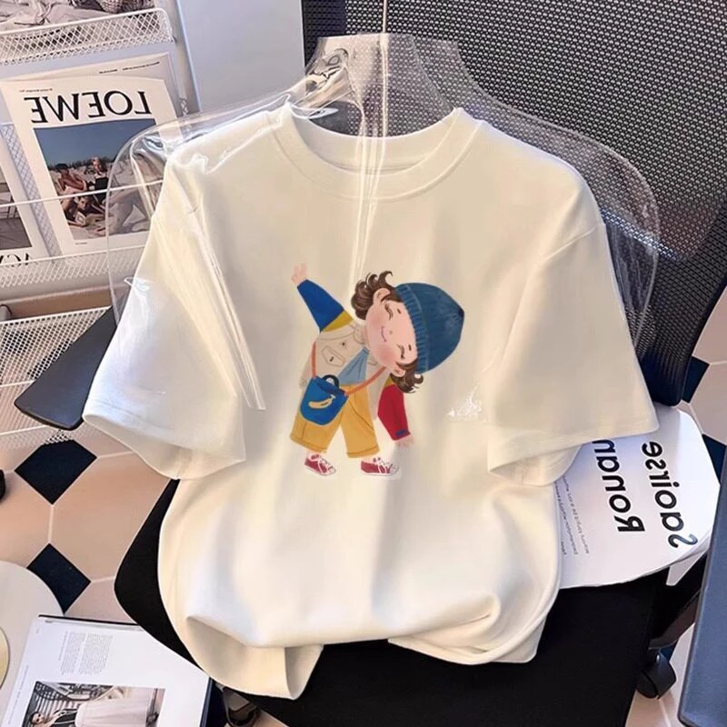 纯棉短袖T恤女夏季新款宽松圆领百搭印花正肩半袖女装体恤上衣in