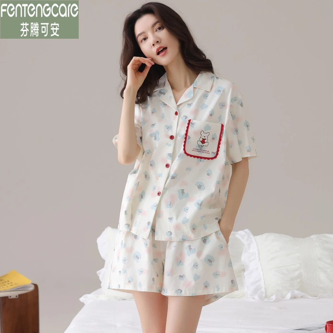 芬腾可安女士睡衣夏季纯棉开衫短袖短裤夏天薄款爽棉休闲家居服套