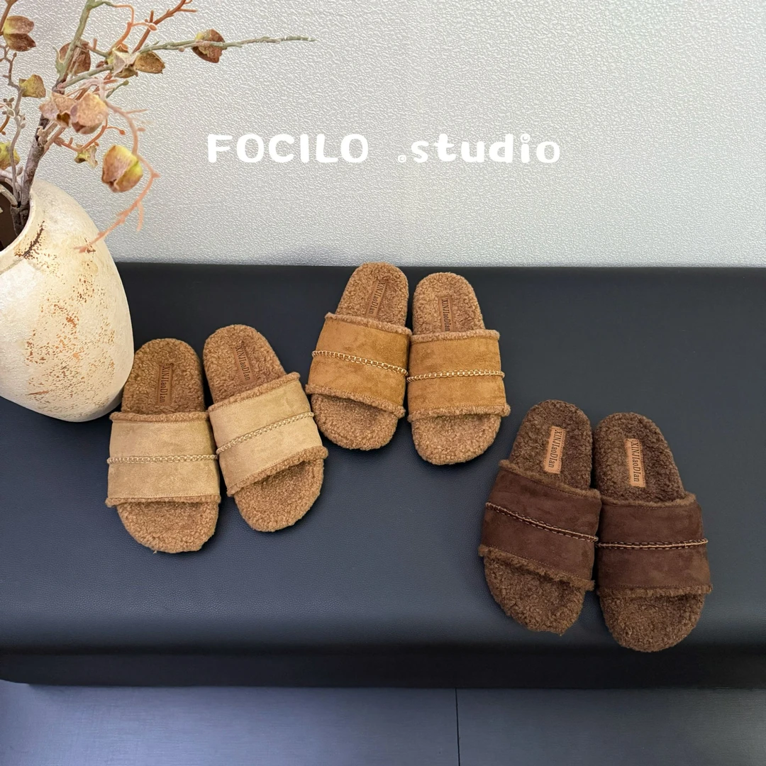 网红毛毛拖鞋女时尚外穿2025秋冬新款复古软平底居家懒人一字棉托