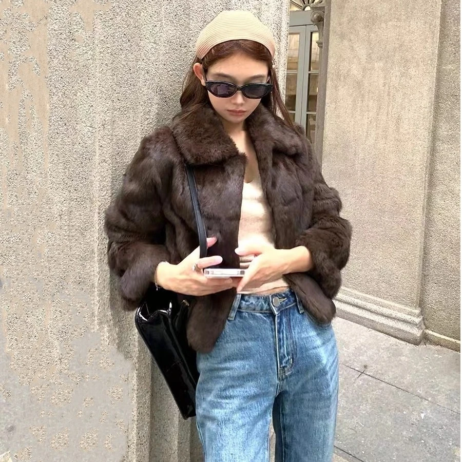 2025秋冬新款上东老钱风真兔毛皮草短款高级毛毛外套女皮毛一体