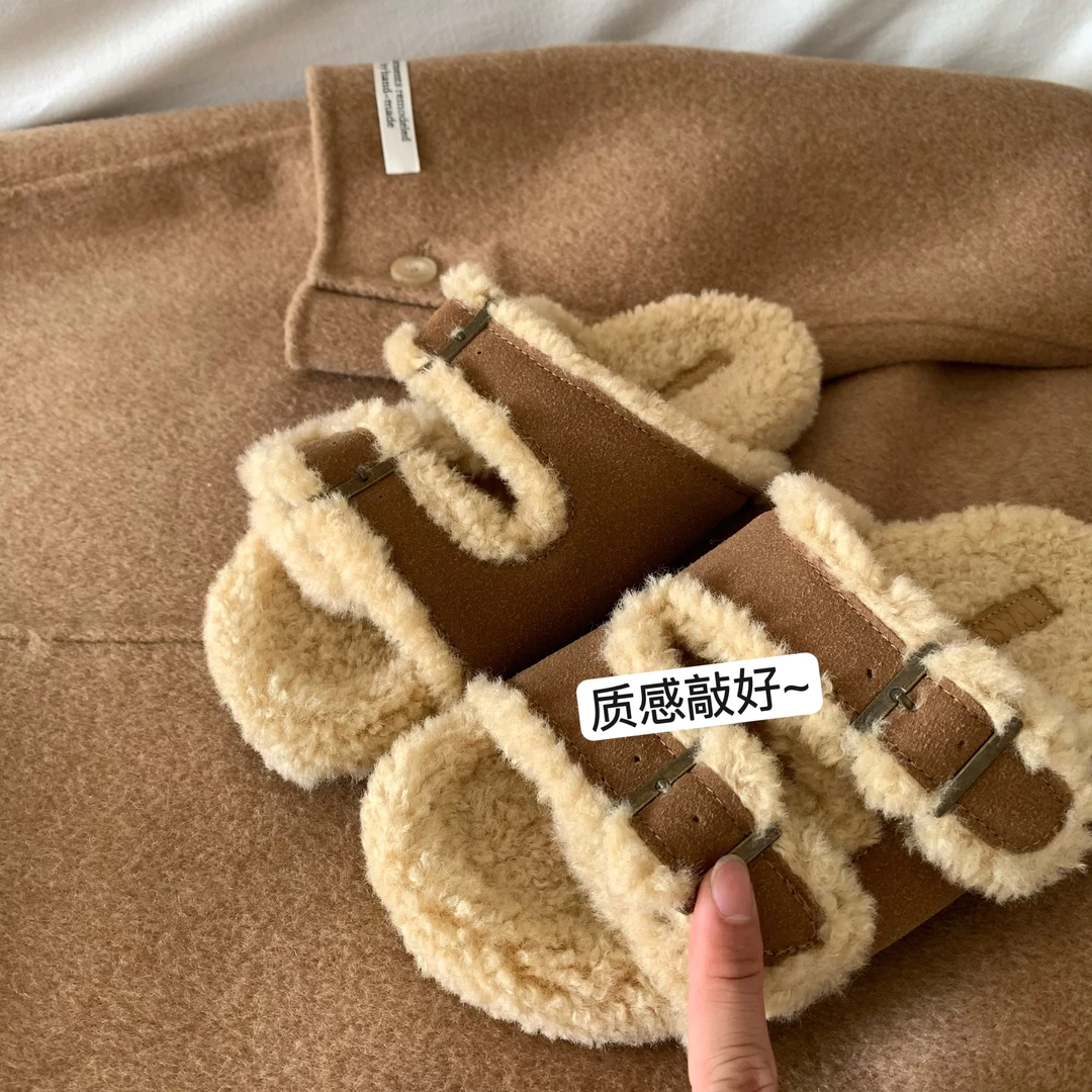 厚底勃肯毛毛拖鞋女外穿2025新款秋冬季复古毛茸茸外出居家棉拖鞋