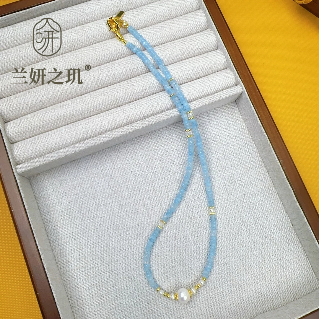 淡水珍珠 9-10mm大珍珠海蓝宝镶锆项链 轻奢精致天然石项链 8625