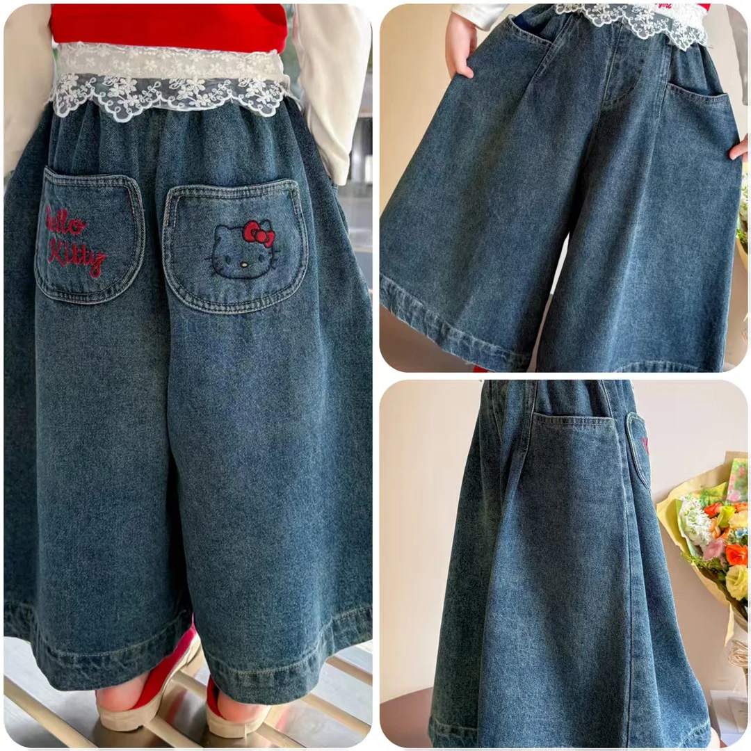 韩版儿童牛仔阔腿裤2025新款秋季百搭时尚猫咪绣花宽松女童秋装