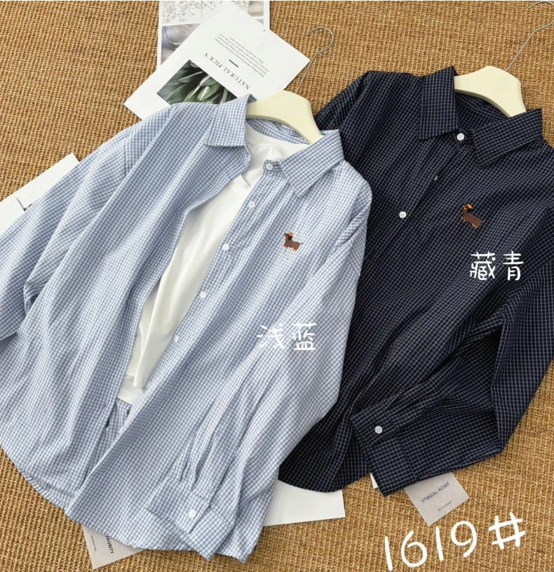YJ1619韩系新品腊肠狗刺绣纽扣衬衣百搭舒适格子