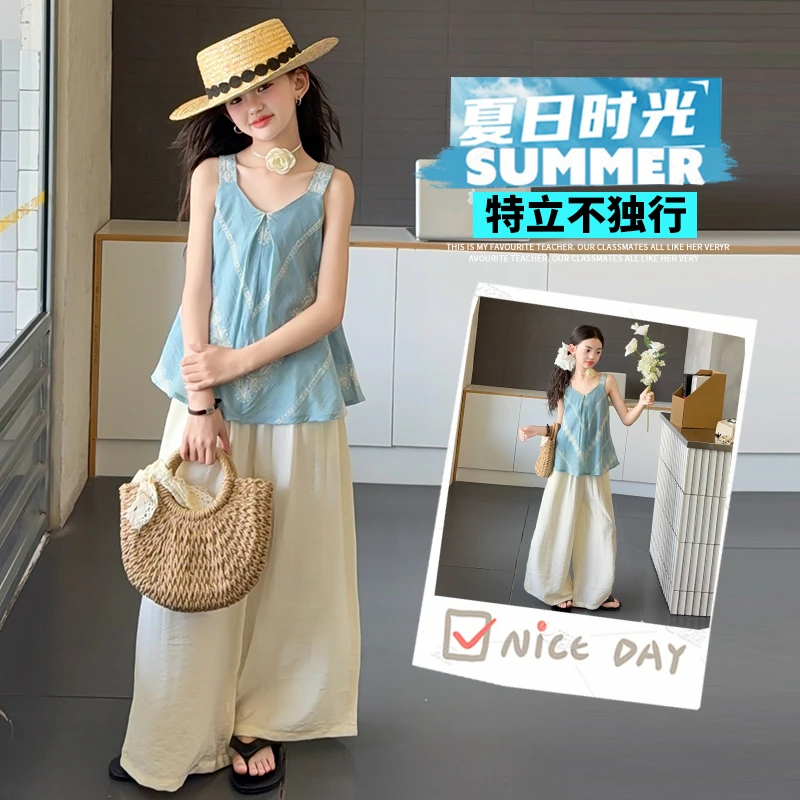 女童吊带套装夏季2025新款洋气大童设计感童装女孩阔腿裤两件套潮