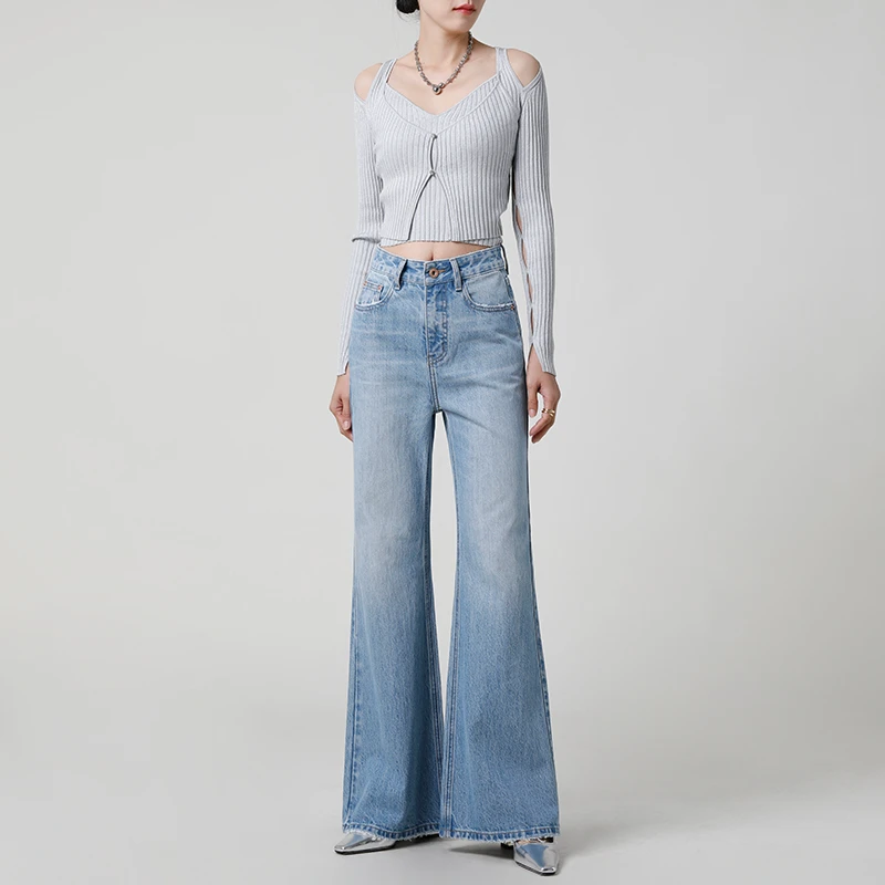 攀攀家 | 玉露蓝 | 2025年春季新款高腰宽松牛仔裤显瘦直筒喇叭裤