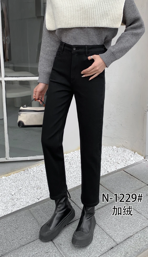 黑色高弹一体绒（1229）牛仔法棍裤保暖舒适显瘦显气质时尚百搭休闲