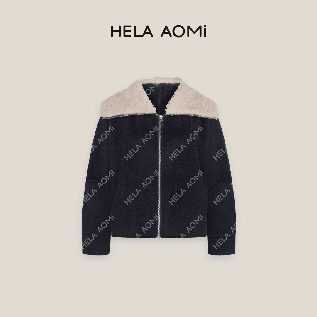 HELA AOMI“100%绵羊毛 原单线.藏青密蕴”小个子极简拉链毛呢外套