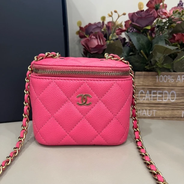 99新 Chanel/香奈儿 玫粉色荔枝牛小盒子（芯片）