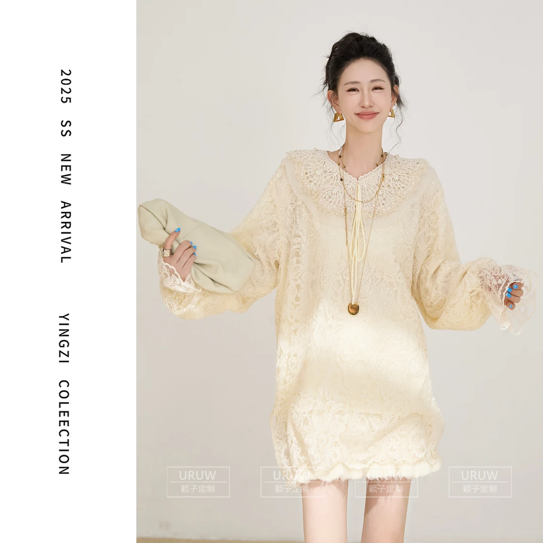 颖子定制【半岛软糖】法式蕾丝花边娃娃领上衣喇叭袖内搭衬衫9952